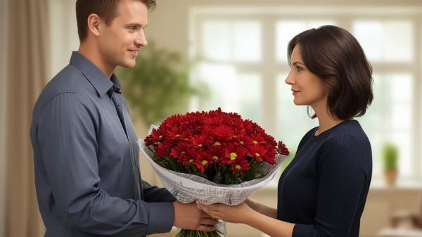 мужчина дарит красные хризантемы