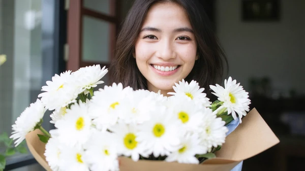 азиатская девушка с белыми хризантемами